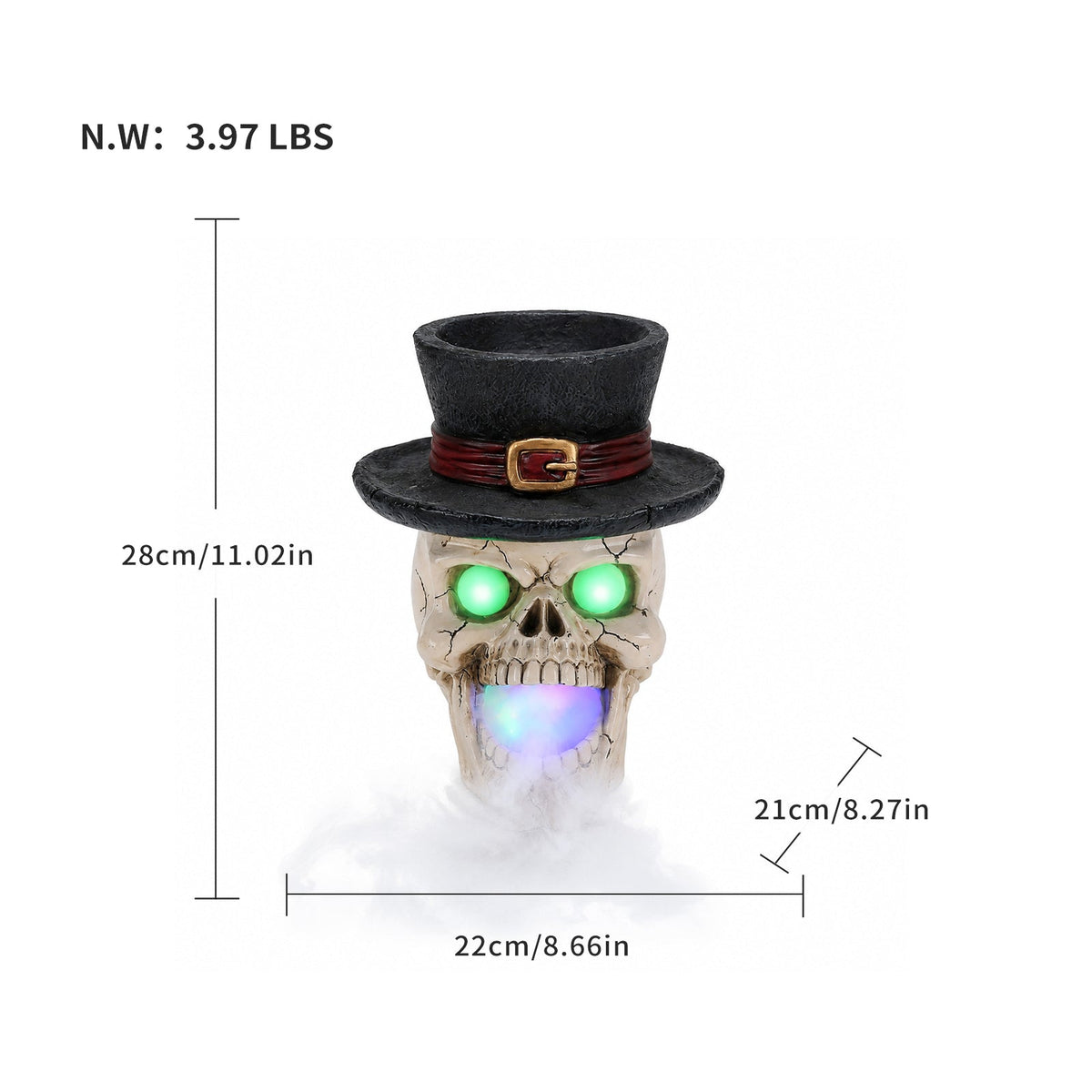 LED Light-Up Skull with Top Hat & Mist Maker Halloween Decoration