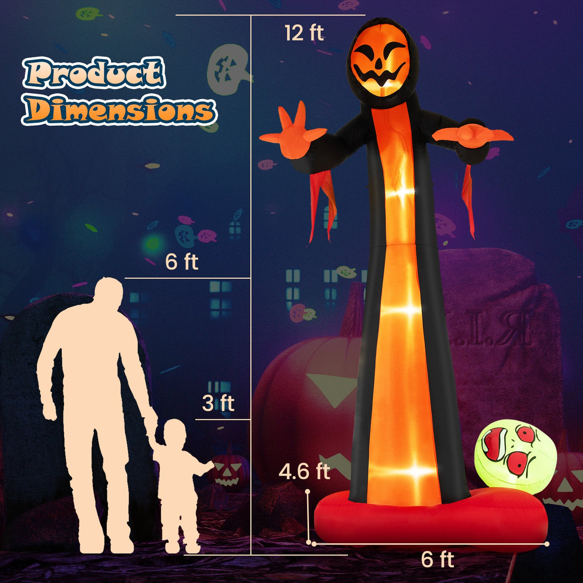 12 Feet Inflatable Grim Reaper Ghost with Built-in LED Lights and Scary Skull