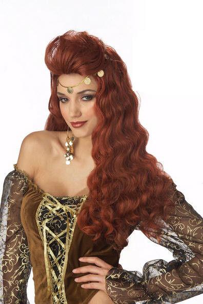 Wavy Curly Auburn Wig with Coin Trim