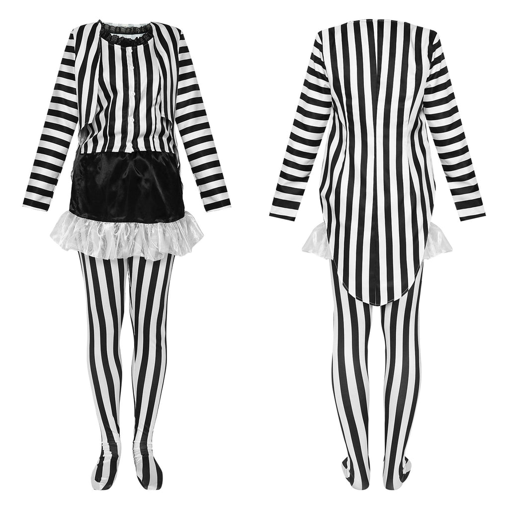 Halloween Beetlejuice Cosplay Costume Black and White Stripe Dress for Stage Performance