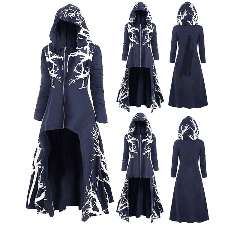 Halloween Costume Cloak with Hood Irregular Hem Printed Long Sleeve Coat