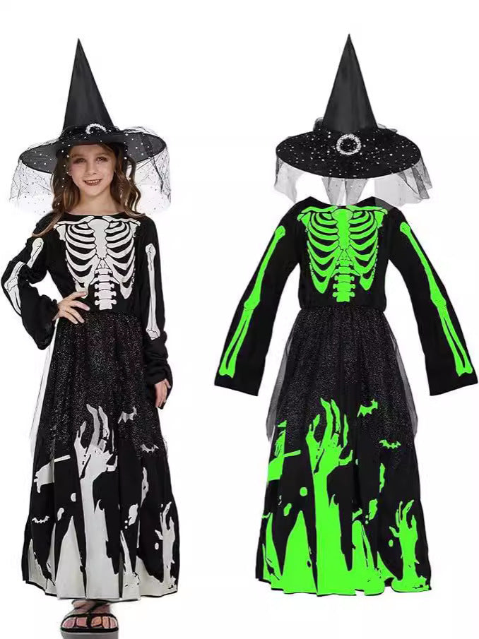 Halloween Women's Glow-in-the-Dark Grim Reaper Skeleton Costume for Girls, Halloween Party Cosplay Outfit