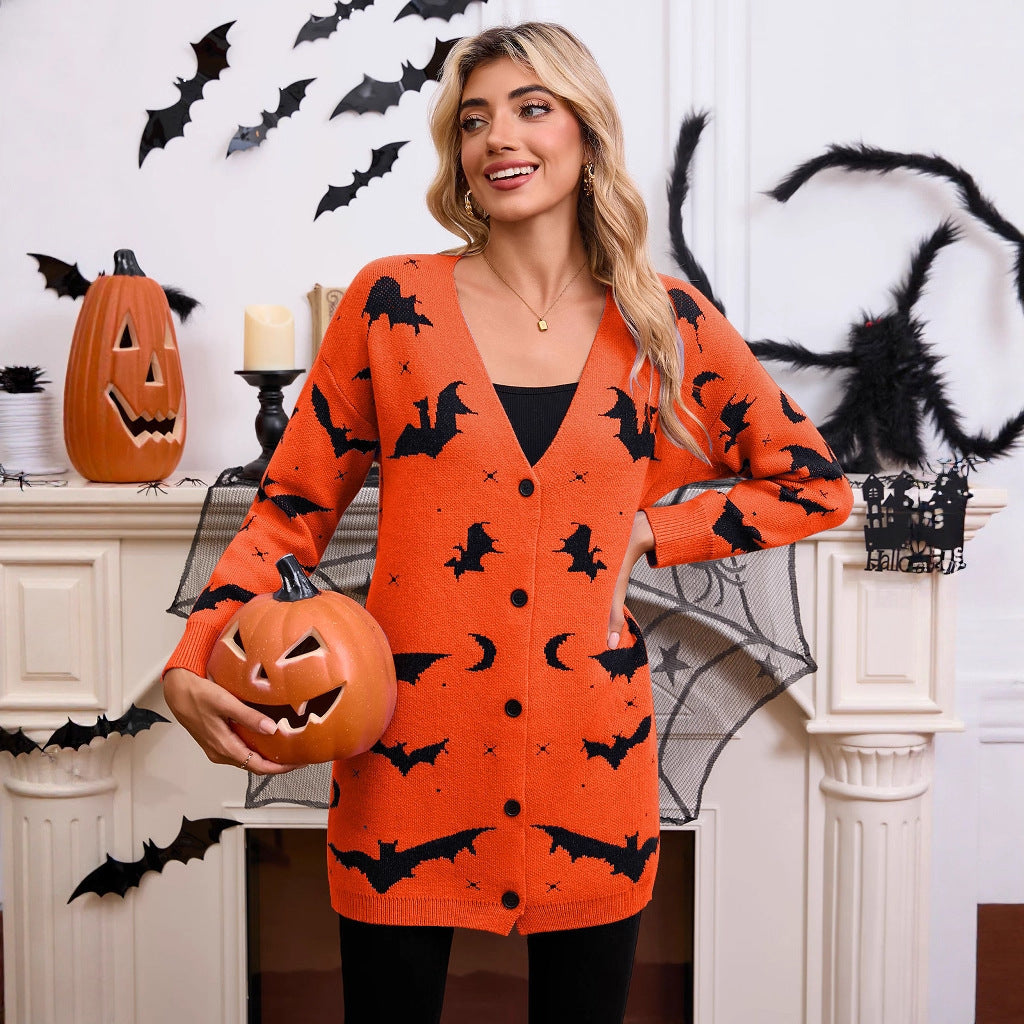 Halloween bat jacquard long sleeved cloak cardigan jacket