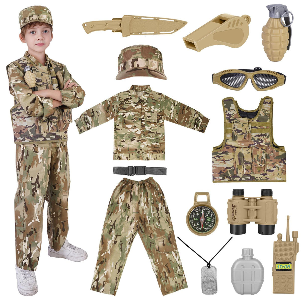 Army Costume for Kids Boys Military Soldier Costume with Tactical Camouflage Vest and Army Toy Accessories Gear Halloween Kids Dress Up Costumes for Boys 4-7 M Size