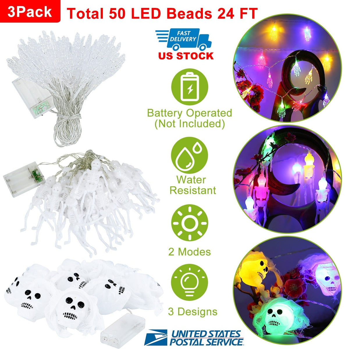 3Pcs Halloween Light Decorations Total 50 LEDs 24ft