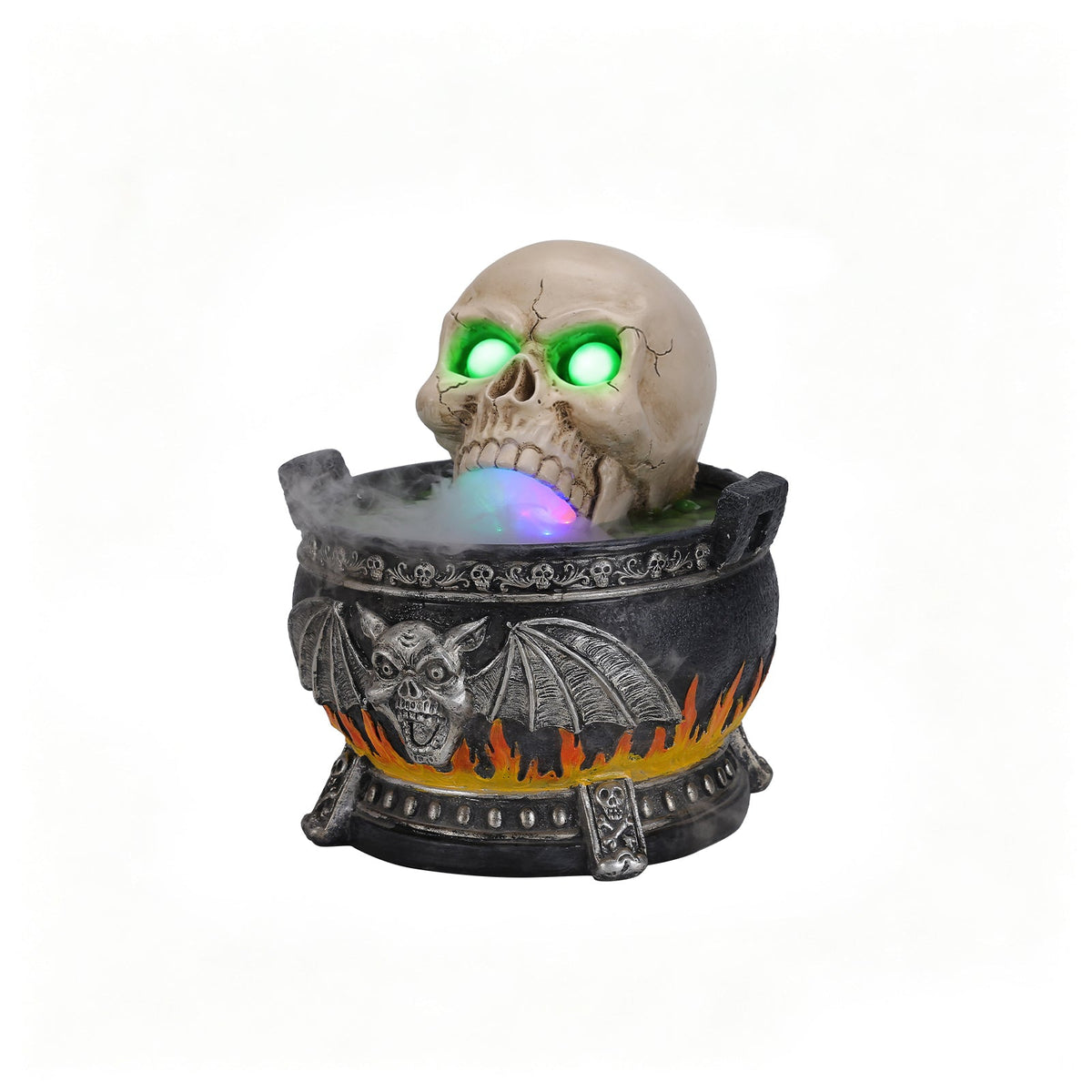 Halloween Skull Cauldron Statue with LED Light and Smoke Fog Effect