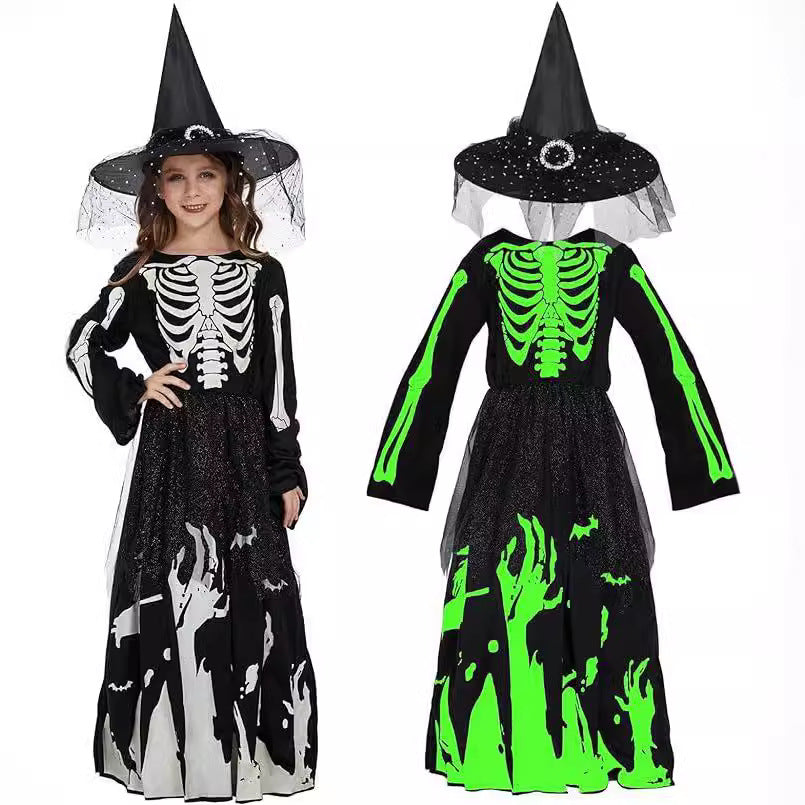 Halloween Women's Glow-in-the-Dark Grim Reaper Skeleton Costume for Girls, Halloween Party Cosplay Outfit