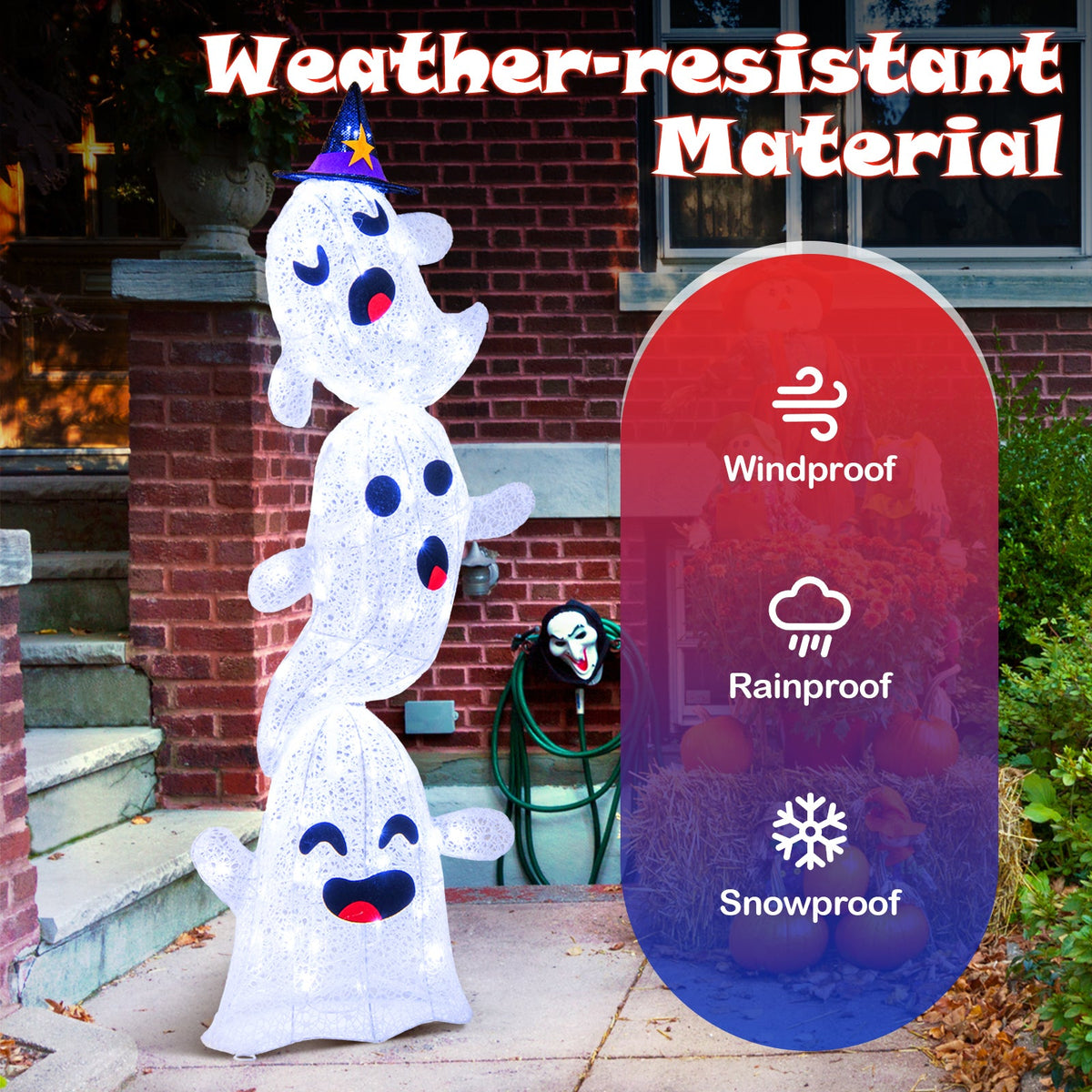 4 FT Lighted Standing Halloween Decoration Stacked Ghosts with 120 LED Lights