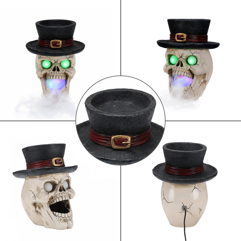 LED Light-Up Skull with Top Hat & Mist Maker Halloween Decoration