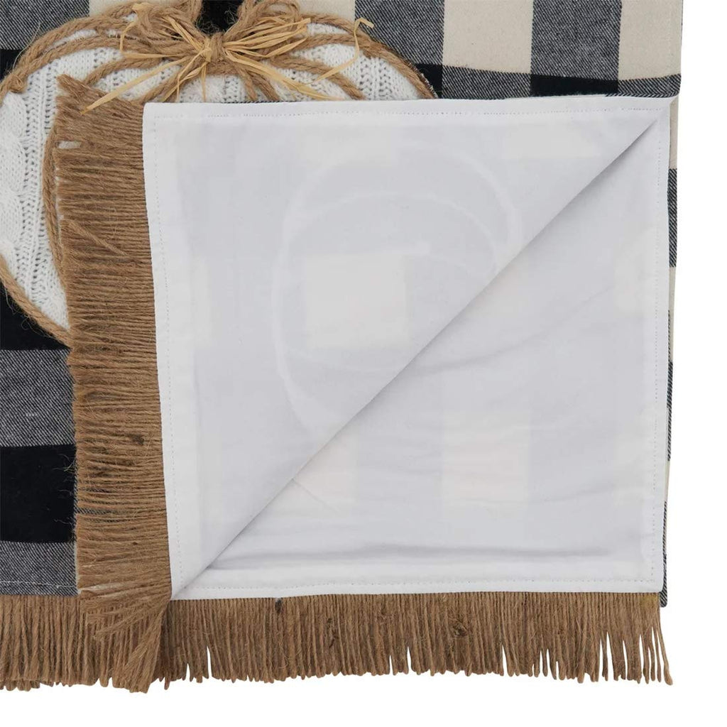 Fennco Styles Buffalo Plaid Harvest Pumpkin Fringe Table Runner 14" W X 72" L - Black & White Traditional Table Cover for Home, Banquets, Thanksgiving, Christmas, Family Gathering and Special Events