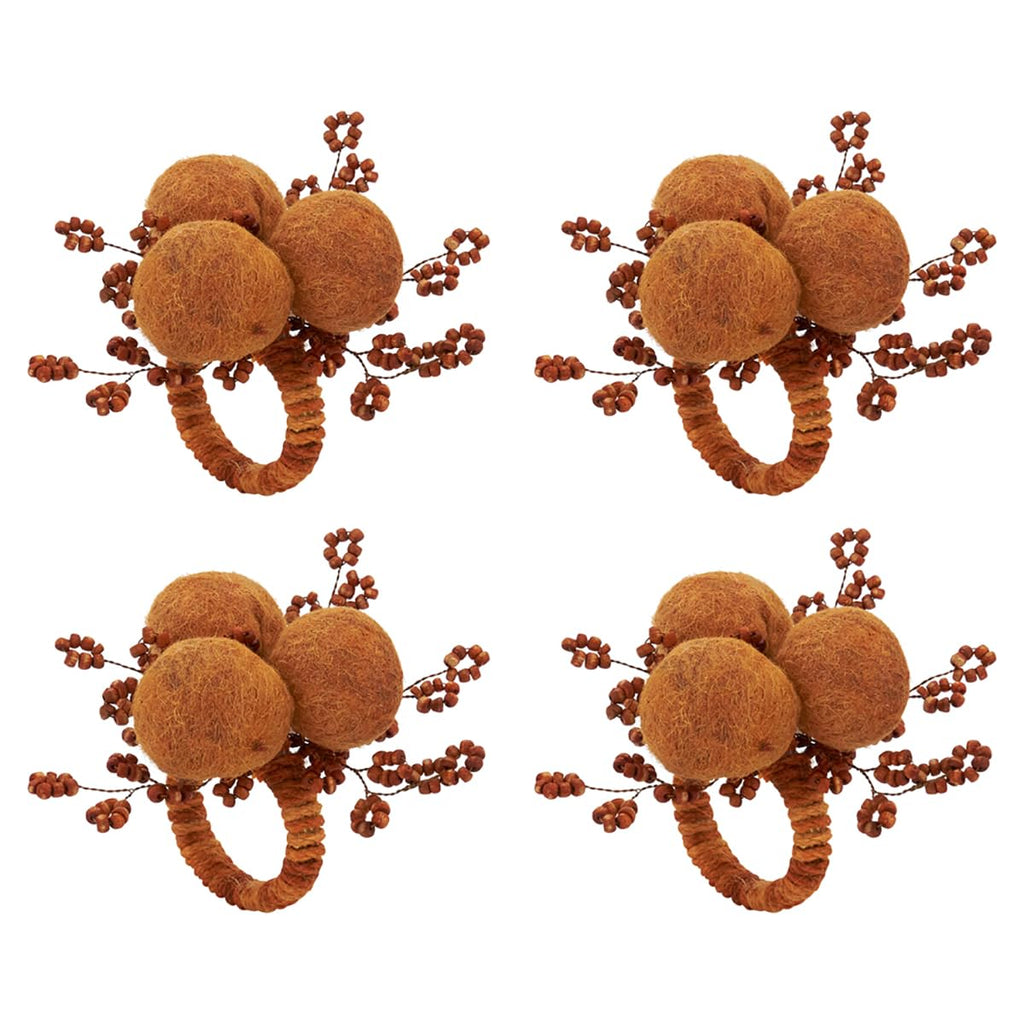 Fennco Styles Hand Beaded Cotton Pom Pom Napkin Rings, Set of 4 - Rust Decorative Festive Napkin Holders for Home, Dining Table, Banquet, Family Gathering, Holiday, Thanksgiving and Special Occasion