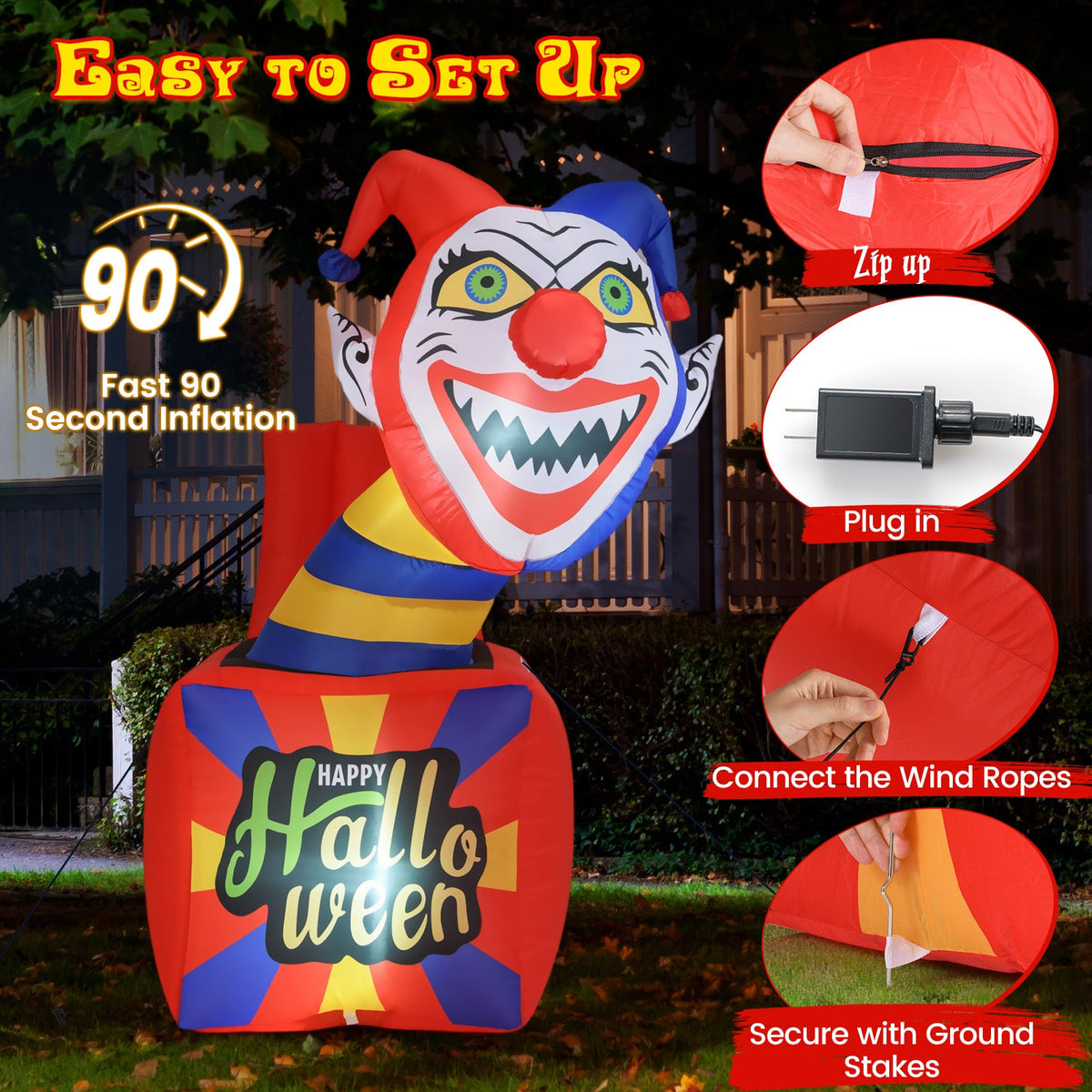 6 Ft Halloween Inflatable Clown with LED Lights