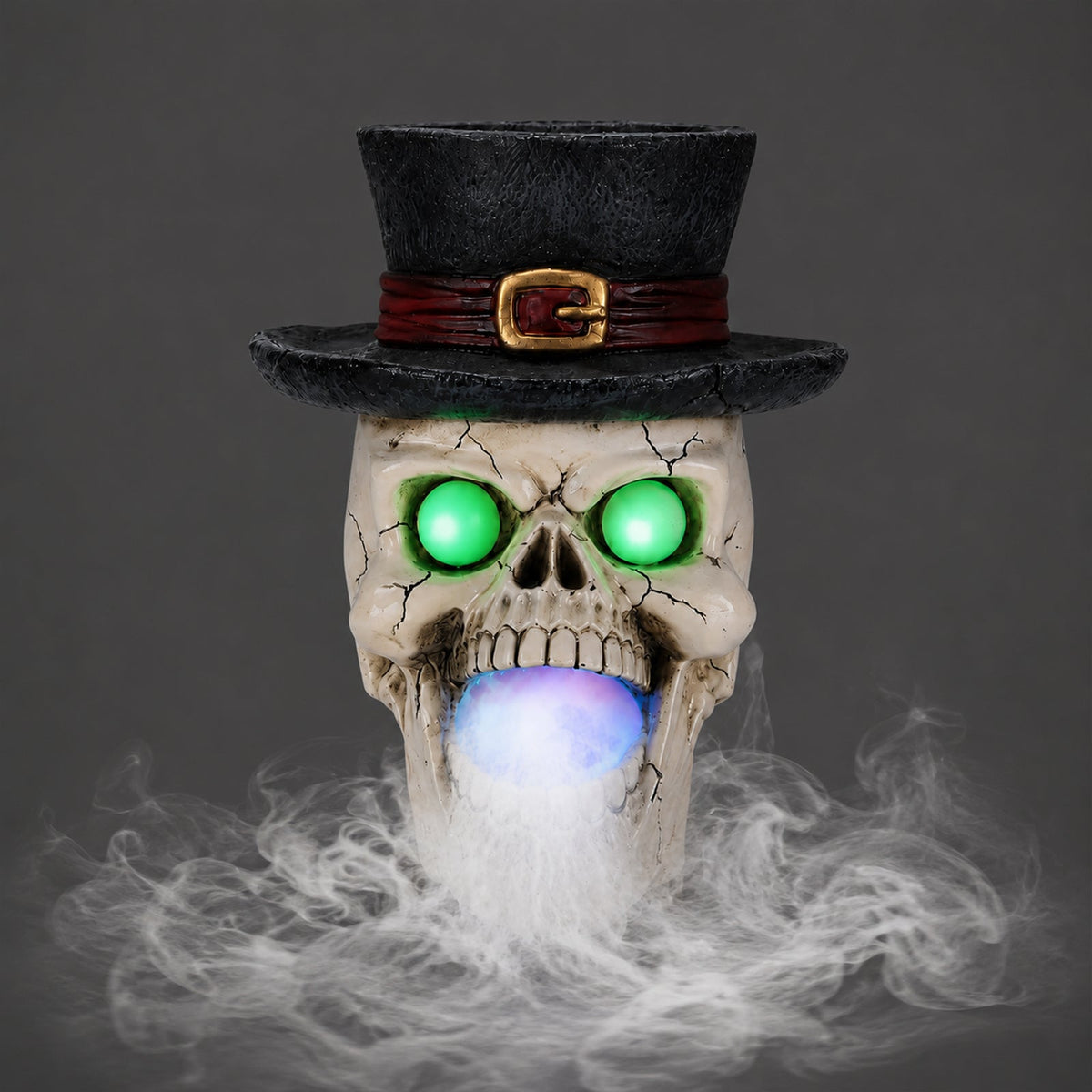 LED Light-Up Skull with Top Hat & Mist Maker Halloween Decoration