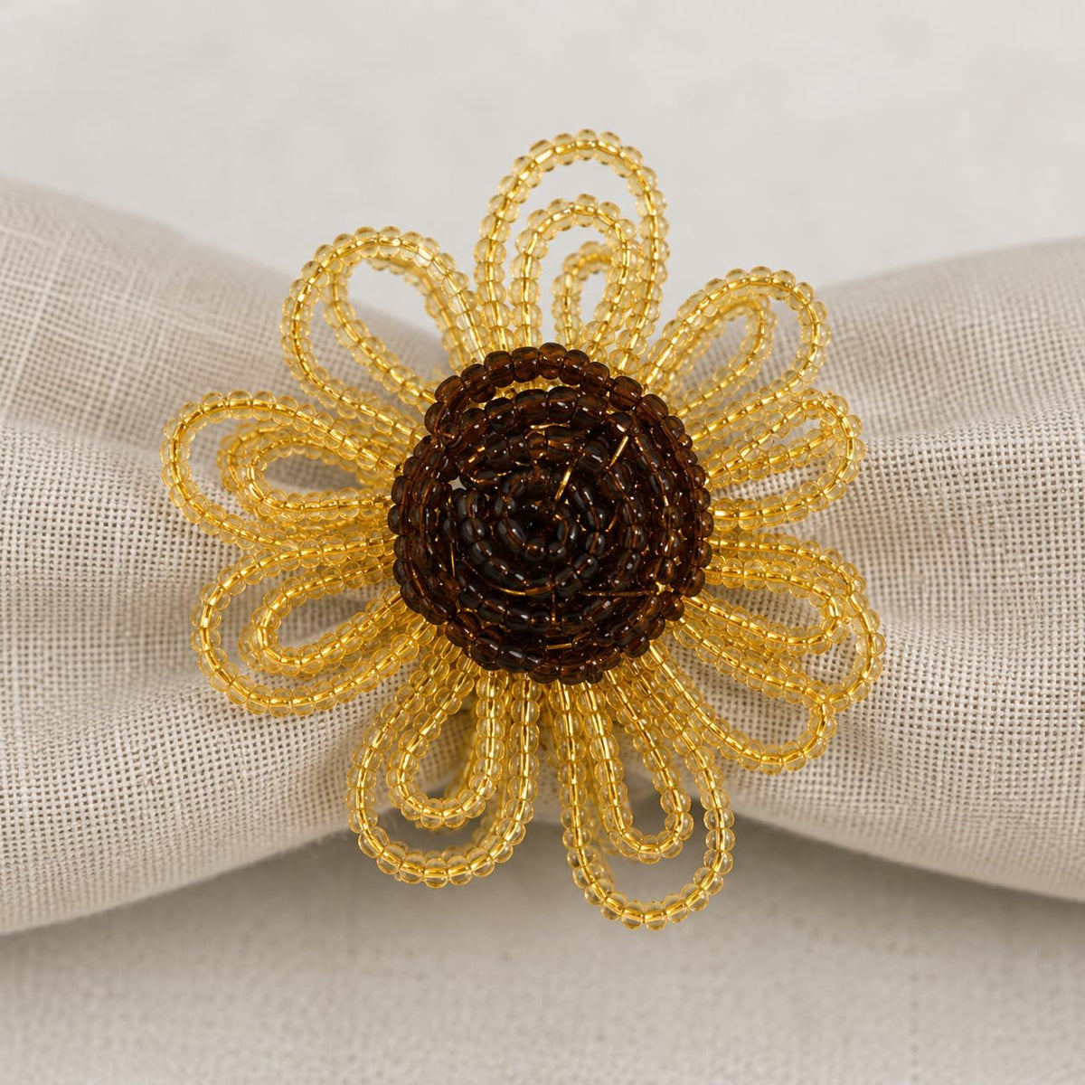 Fennco Styles Beaded Sunflower Napkin Rings, Set of 4 - Handmade Gold Floral Napkin Holders for Fall Dining Décor, Thanksgiving, Harvest Parties & Everyday Entertaining