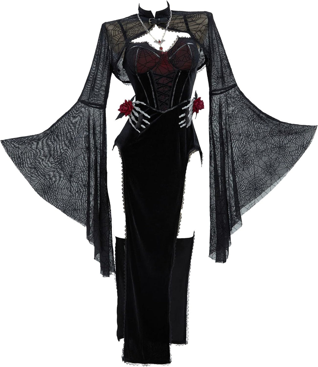 Gothic Vampire Dress with Spiderweb Cloak