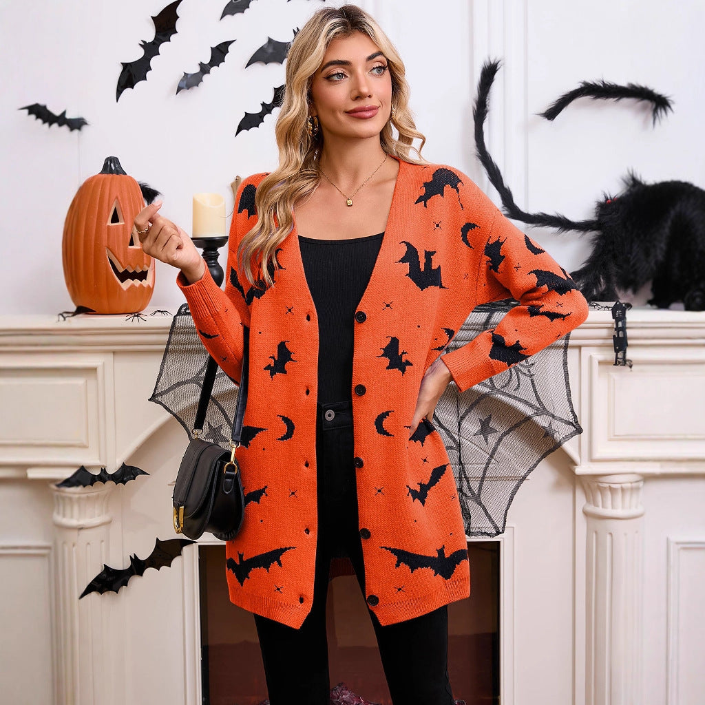Halloween bat jacquard long sleeved cloak cardigan jacket
