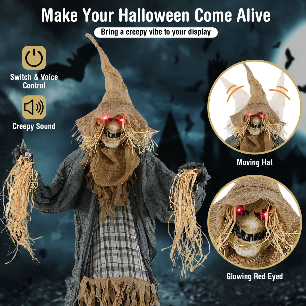 7 FT Halloween Animated Standing Scary Scarecrow with Light-up Eyes