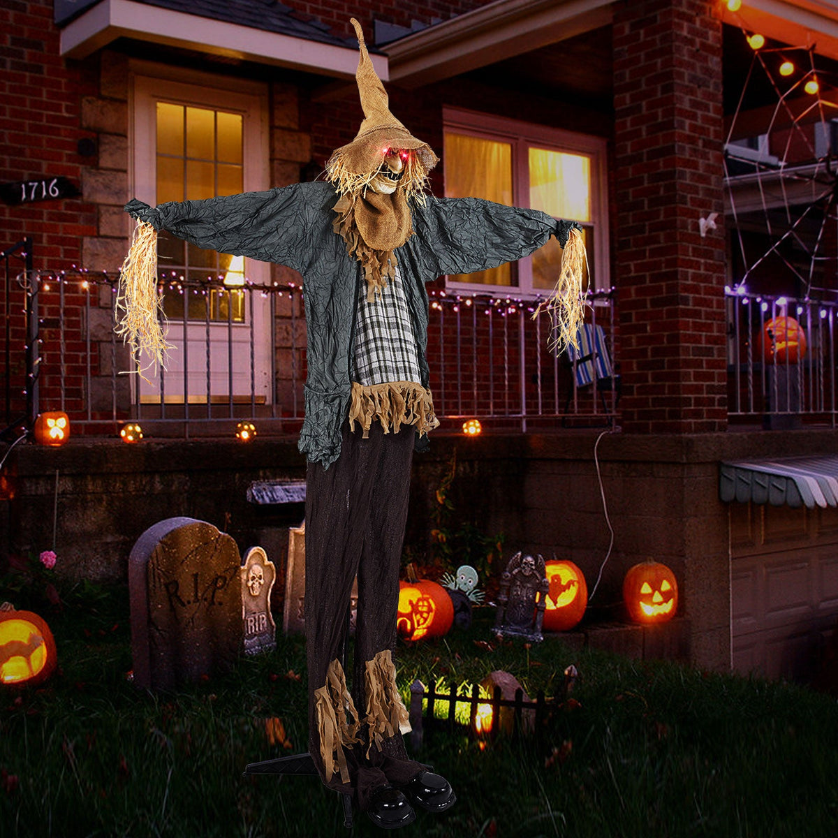 7 FT Halloween Animated Standing Scary Scarecrow with Light-up Eyes