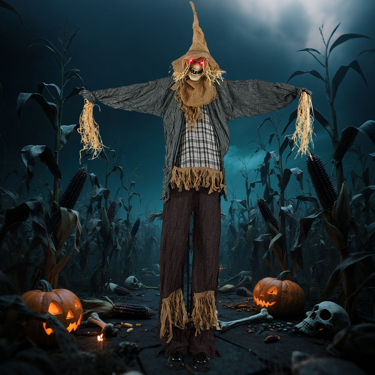 7 FT Halloween Animated Standing Scary Scarecrow with Light-up Eyes
