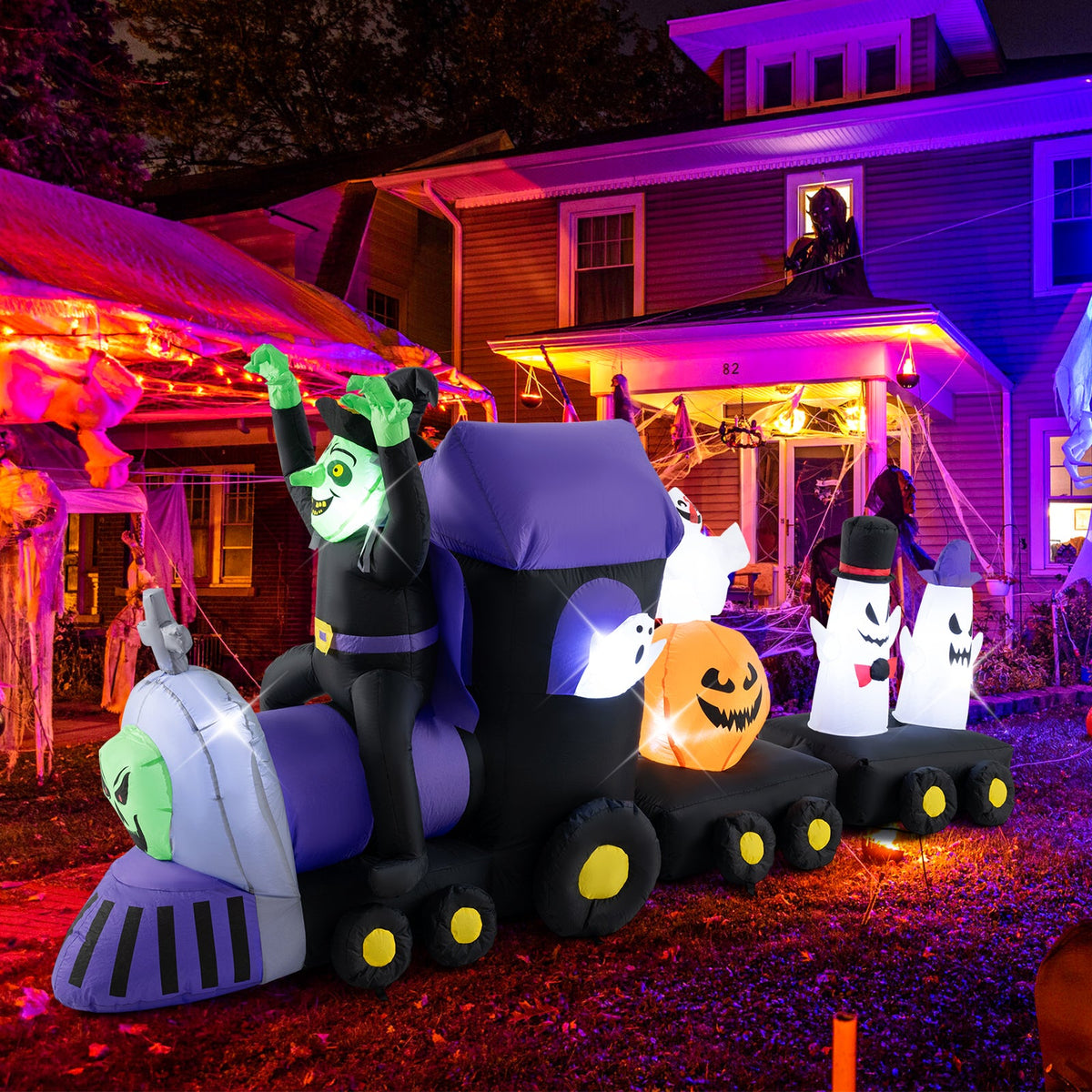 8.2 Feet Long Halloween Inflatable Train with Witch and 4 Ghosts
