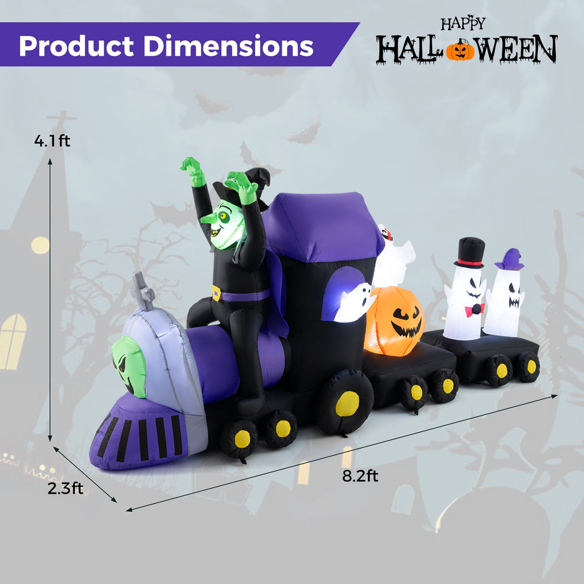 8.2 Feet Long Halloween Inflatable Train with Witch and 4 Ghosts