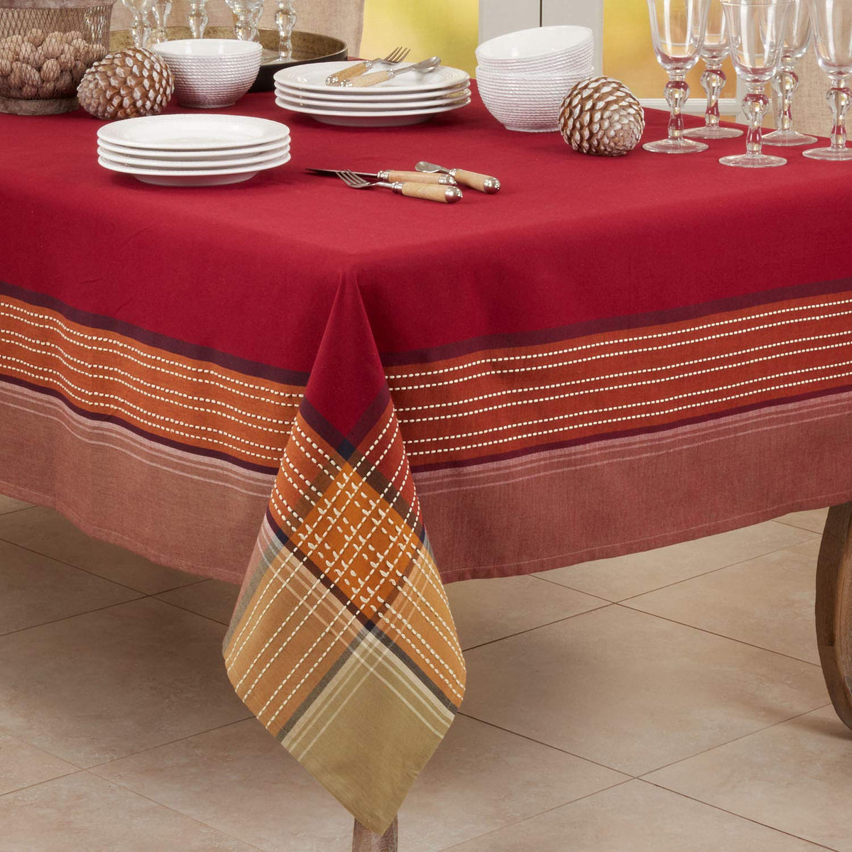 Fennco Styles Autumn Plaid Border Design 100% Cotton Tablecloth 70" W x 70" L - Multicolored Table Cover for Home, Dining Table Decor, Banquet, Thanksgiving, Christmas and Special Event