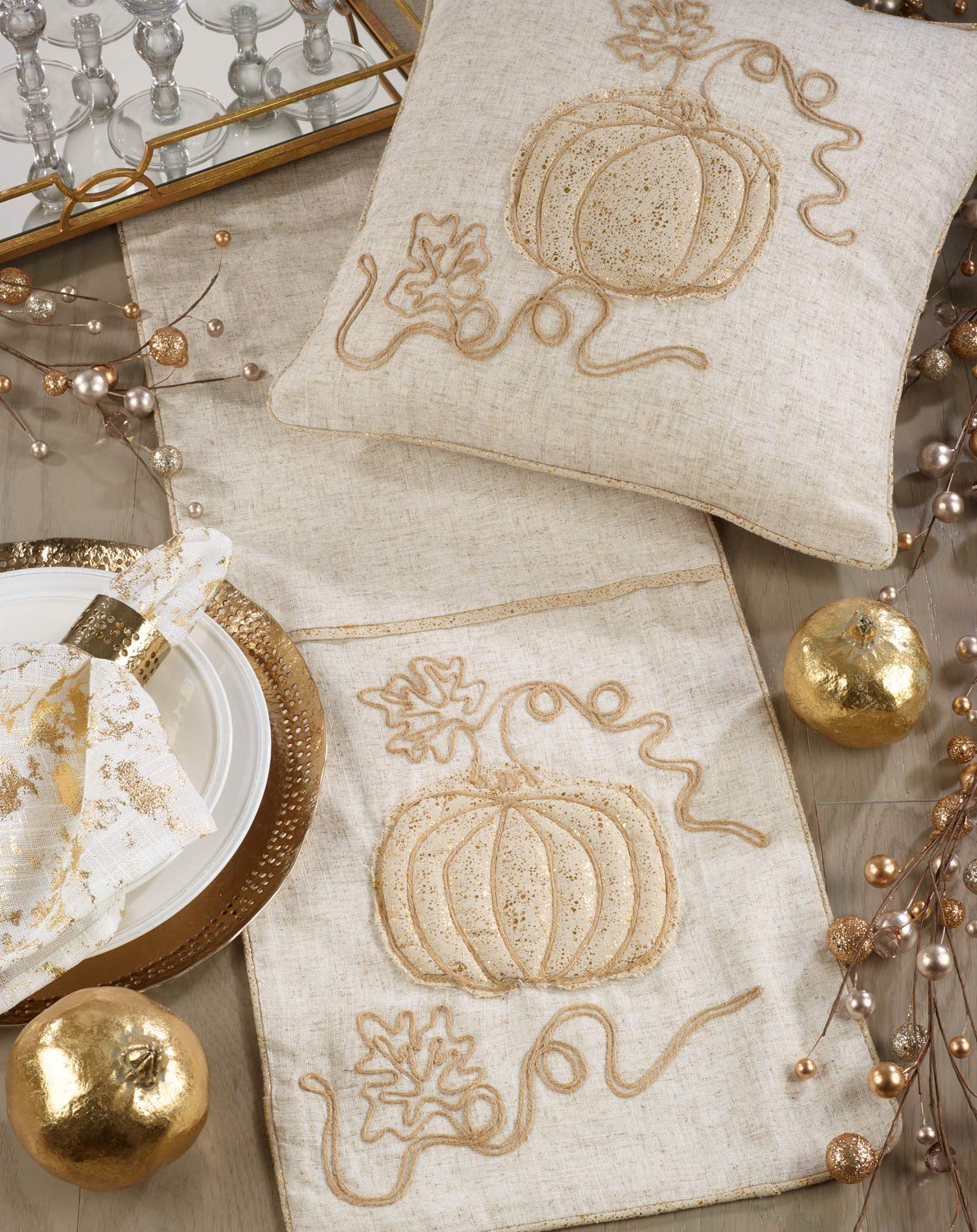 Fennco Styles Thanksgiving Foil Pumpkin Jute Embroidered Table Runner 13 x 72 Inch - Neutral Holiday Table Cover for Home Décor, Banquets, Family Gathering and Special Occasion