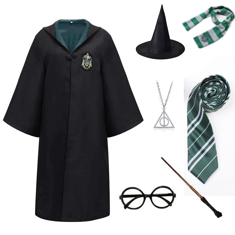Slytherin Halloween Cosplay Costume  Adult Cloak Robe Tie Scarf Magic Wand Children Suits Cosplay Clothes Accessories