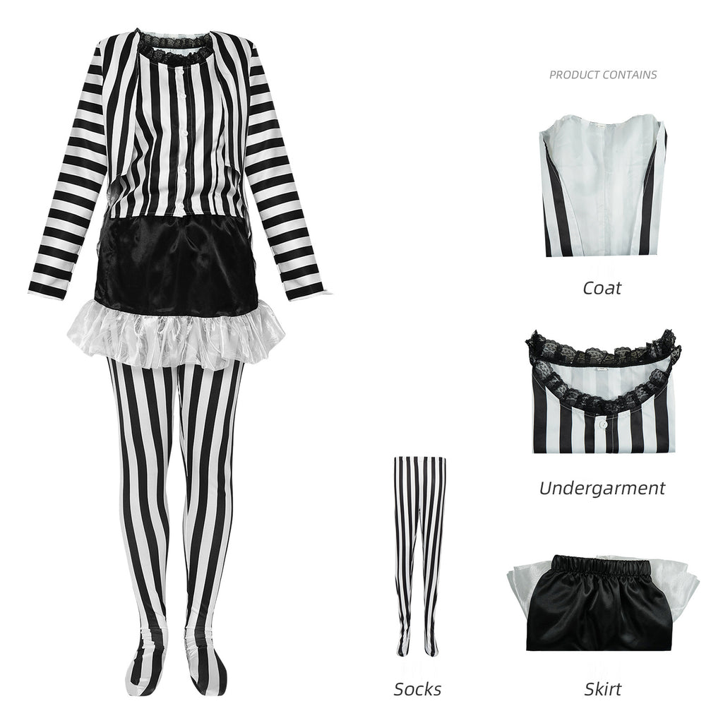 Halloween Beetlejuice Cosplay Costume Black and White Stripe Dress for Stage Performance