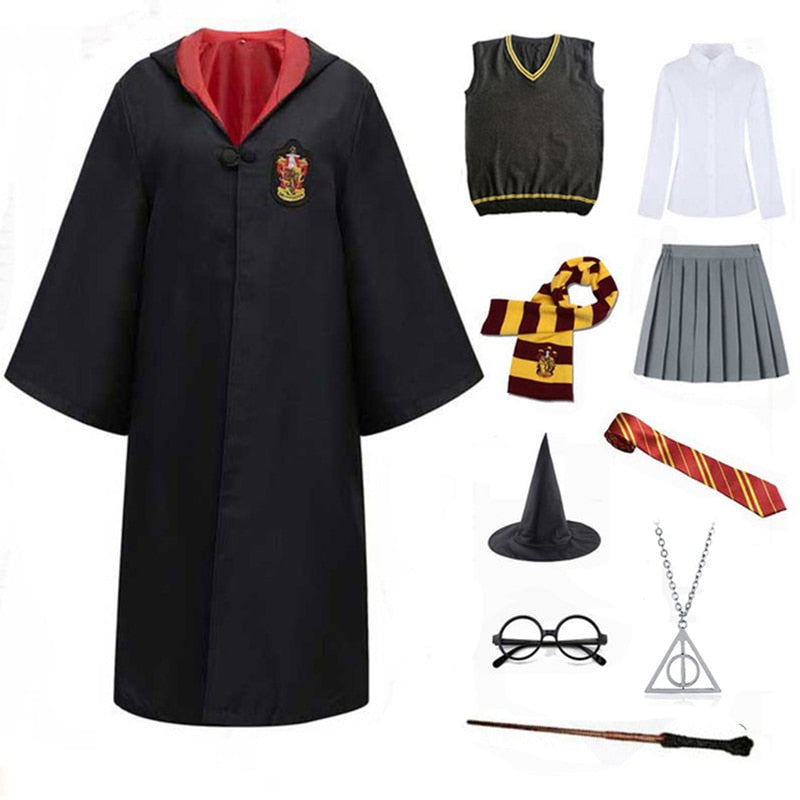 Slytherin Halloween Cosplay Costume  Adult Cloak Robe Tie Scarf Magic Wand Children Suits Cosplay Clothes Accessories
