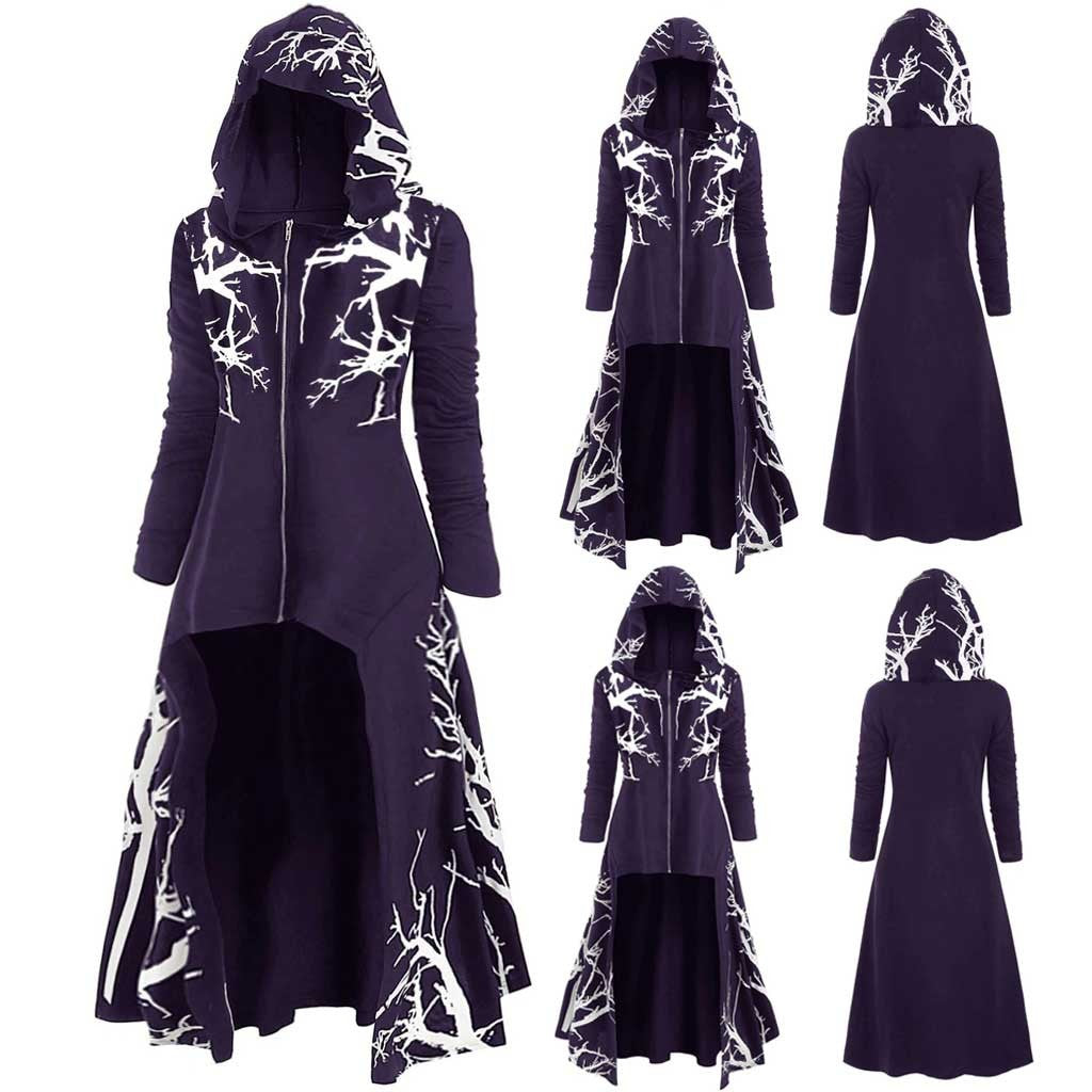 Halloween Costume Cloak with Hood Irregular Hem Printed Long Sleeve Coat