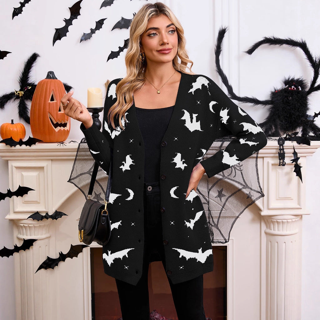 Halloween bat jacquard long sleeved cloak cardigan jacket