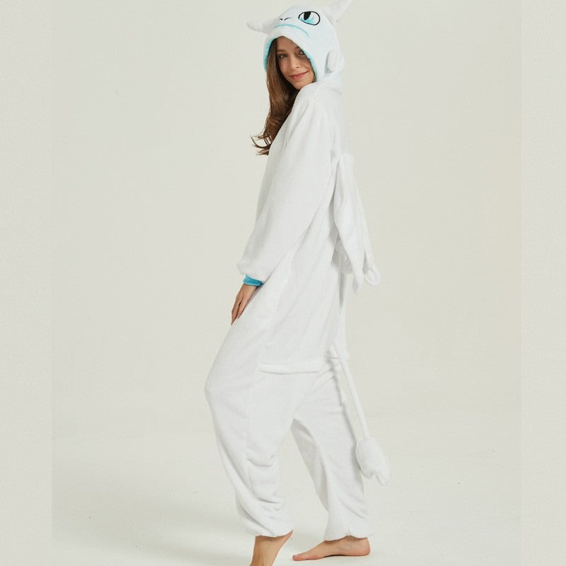 Autumn and winter flannel adult cartoon jumpsuit animal pajamas, dragon tamer white dragon thickened home clothing