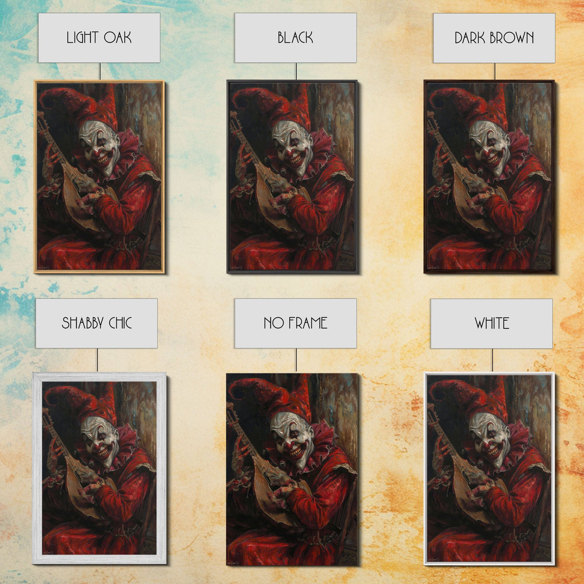 Sinister Clown with Blood-Stained Mandolin | Halloween Wall Art | Spooky Home Decor | Creepy Clown Mandolin Painting | Framed Canvas Print