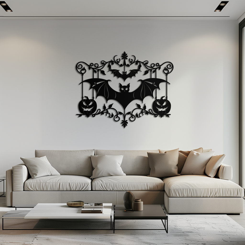 Halloween Bat Pumpkin Metal Wall Art – Spooky Jack-O'-Lantern Steel Decor- KAF328