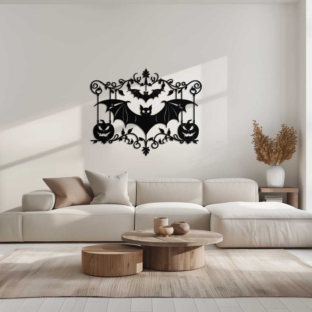 Halloween Bat Pumpkin Metal Wall Art – Spooky Jack-O'-Lantern Steel Decor- KAF328