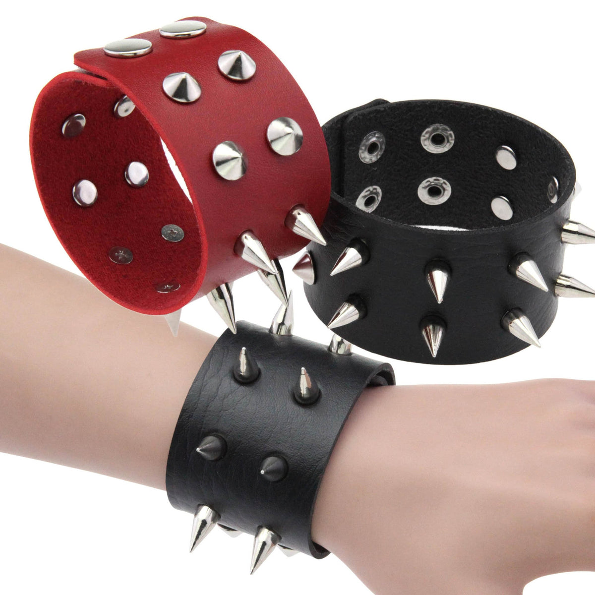 Double-Row Spiked Leather Punk Bracelet