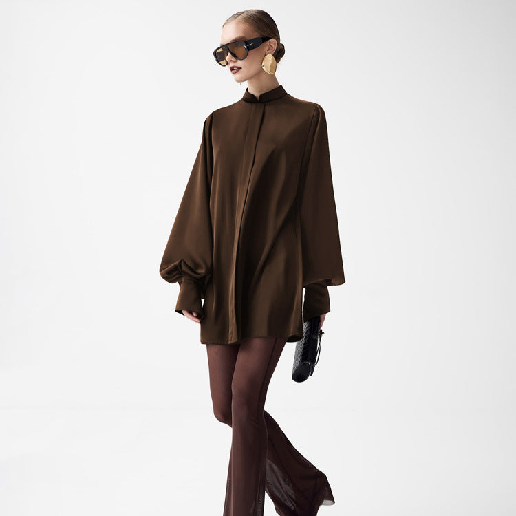 Women Clothing Autumn Stand up Collar Long Sleeved Lace up A line Short Dress