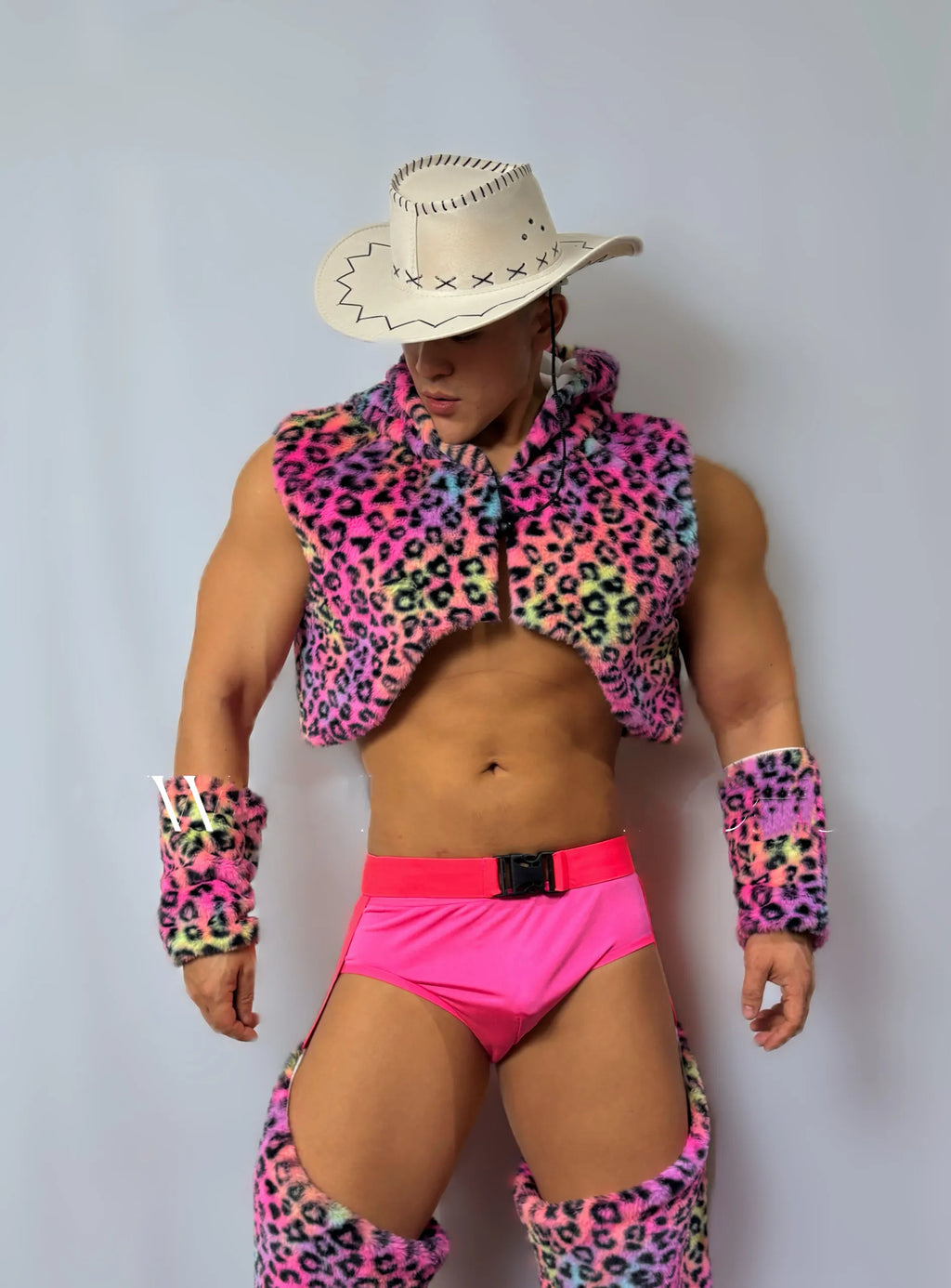Men's Nightclub Party Performance Costume Pink Faux Fur Vest Hollow Pants Outfit