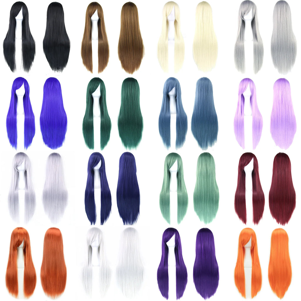 Soowee 80cm Long Synthetic Hair White Purple Cosplay Wigs Party Black Hair Straight Wig Hairpiece for Women