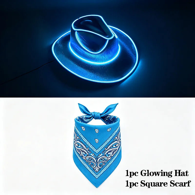 EL Wire Glowing  Cowboy Hat Square Bandana Scarf Set Neon Light Up Hat for Women Men Halloween Rave Party Cosplay Costume Outfit