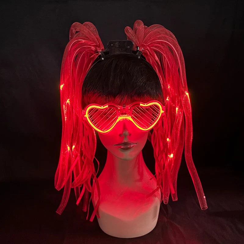 Funny LED Light Up Flashing Party Noodle Bridal Headband LED Glasses Girls Noodle Hair Bachelorette Party Rave Costume Dress Up