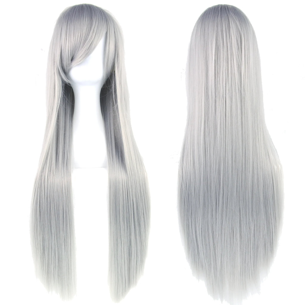 Soowee 80cm Long Synthetic Hair White Purple Cosplay Wigs Party Black Hair Straight Wig Hairpiece for Women