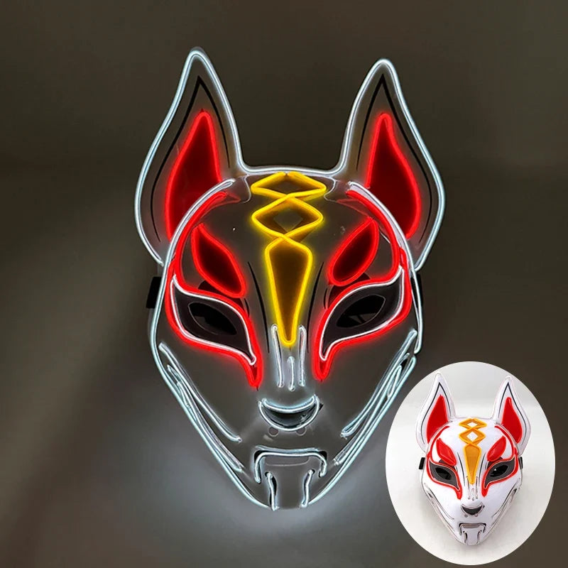LED Fox Mask Neon Light Up Japanese Kitsune Mask for Halloween Cosplay Party Rave Festival Costume Glowing EL Wire Masque