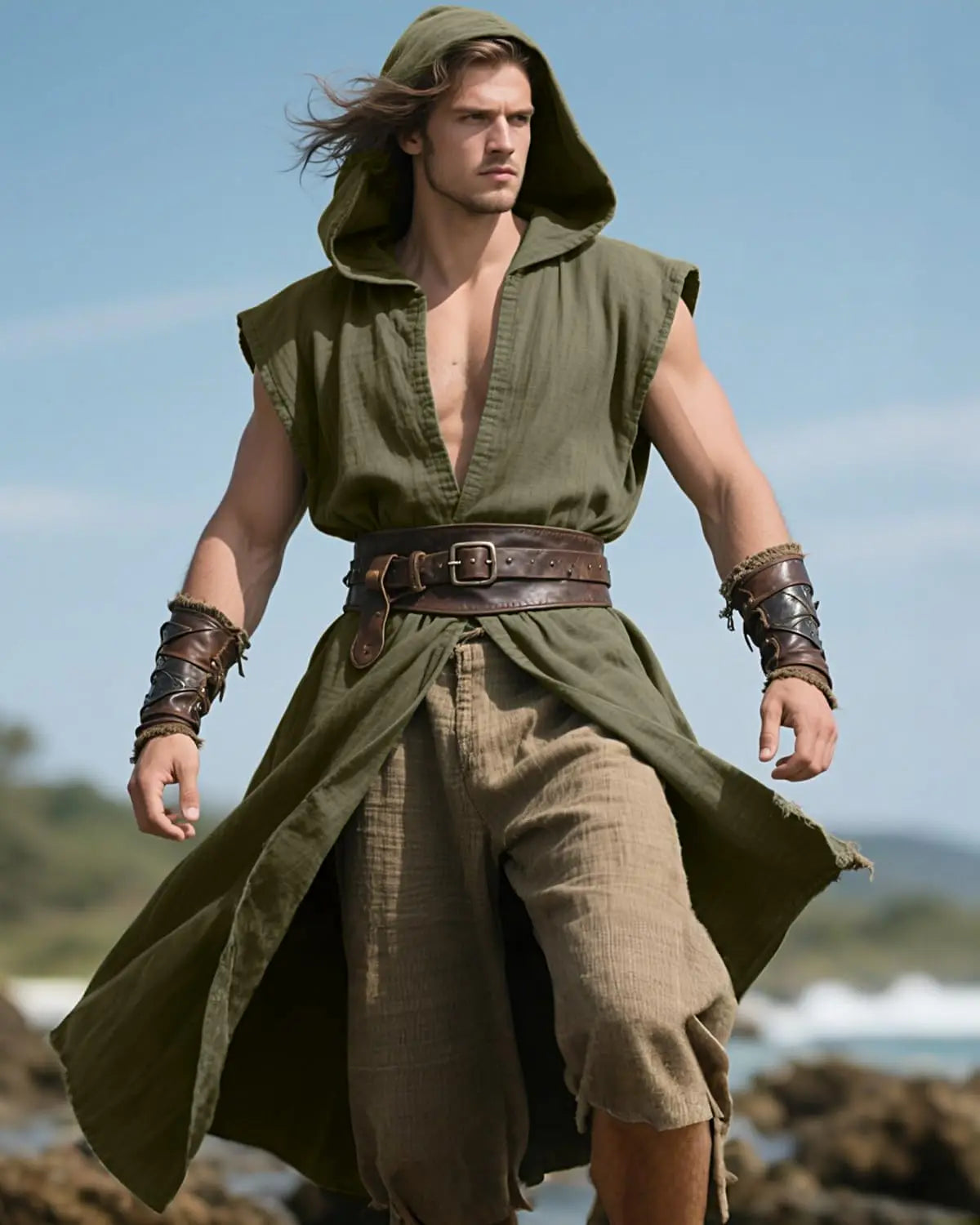Men's Medieval Hooded Surcoat Renaissance Tabard Sleeveless Tunic Cloak Viking Costume Holloween Assassin Cosplay
