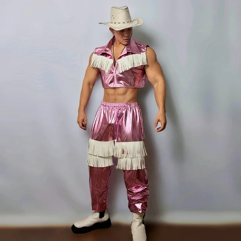 Men's Pink Western Cowboy Fringe Stage Outfit & Gogo Dance Performance Costume