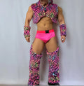 Men's Nightclub Party Performance Costume Pink Faux Fur Vest Hollow Pants Outfit