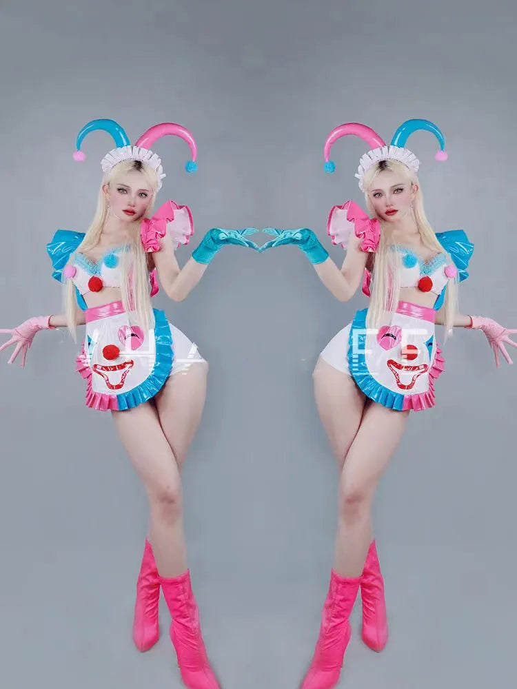 Halloween Clown Cosplay Costume Women Bar Role Playing Stage Performance Clothes Pink Blue Tops Shorts Dance Outfit