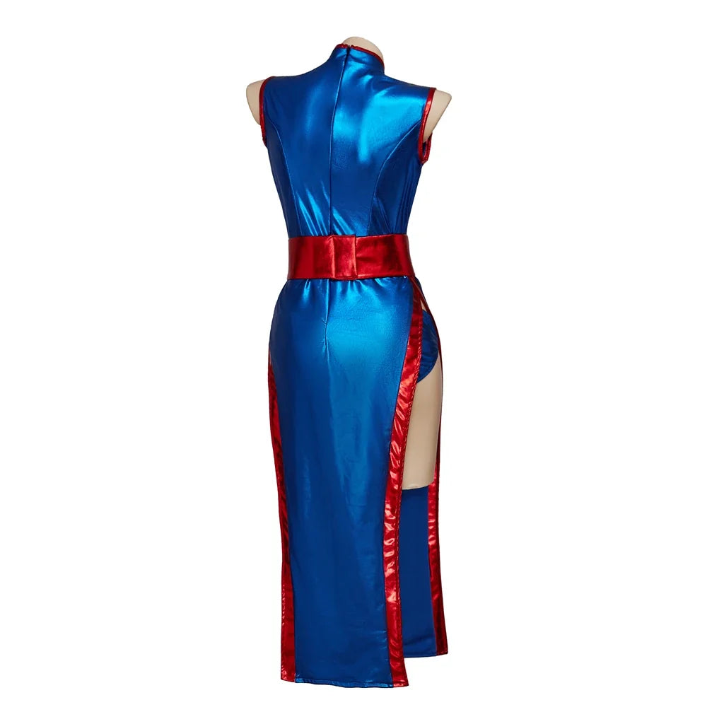 Anime Chichi Cosplay Costume High Split Cheongsam Woman's Sexy Blue Battle Suit Halloween Party KongFu Dress
