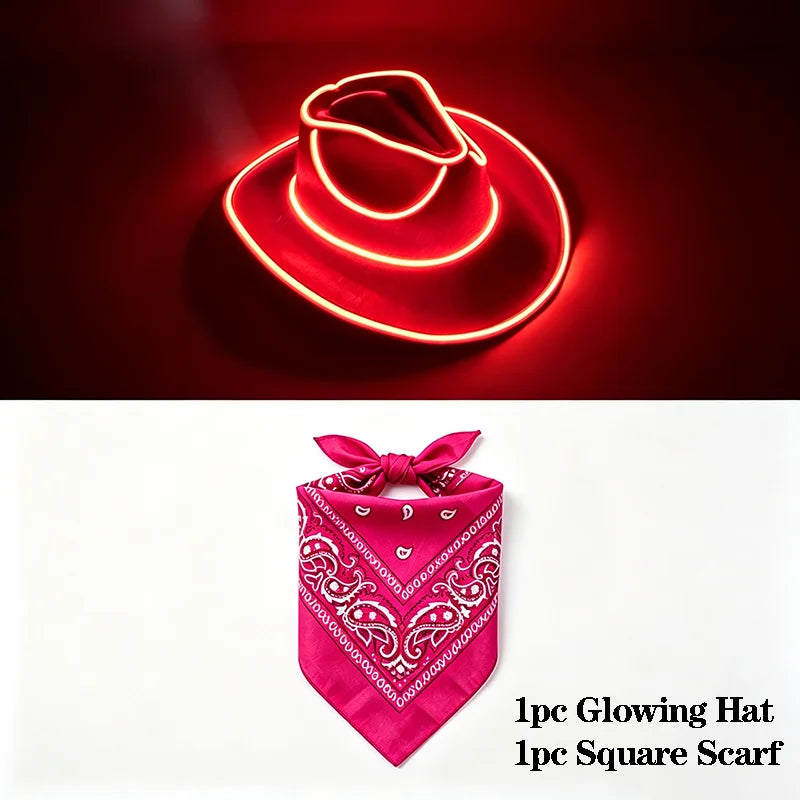 EL Wire Glowing  Cowboy Hat Square Bandana Scarf Set Neon Light Up Hat for Women Men Halloween Rave Party Cosplay Costume Outfit